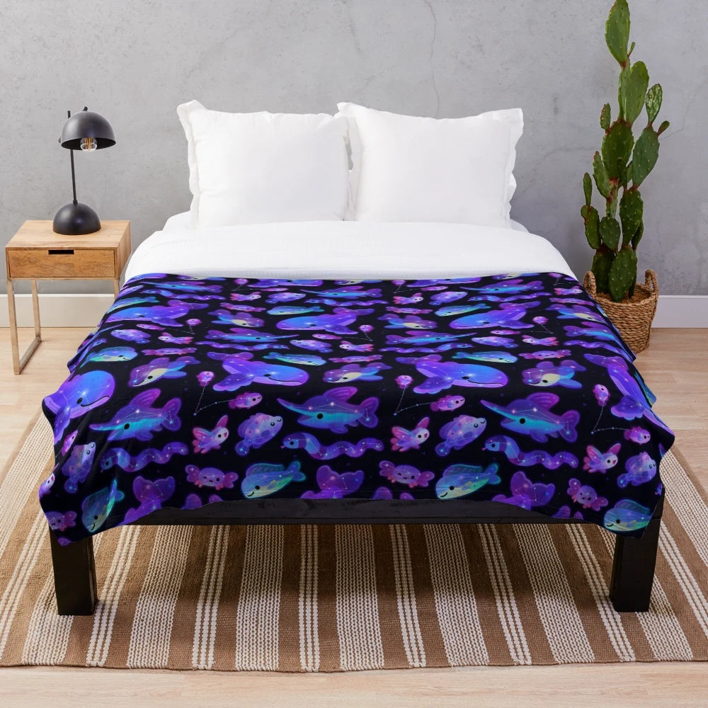 Celestial Ocean-Inspired Plush Blanket with Constellation, Marine Life, and Star Patterns