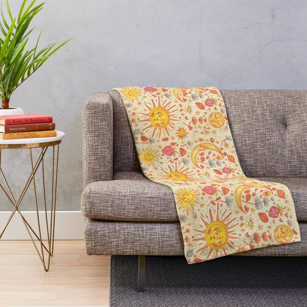 Celestial plush blanket with floral and moon design