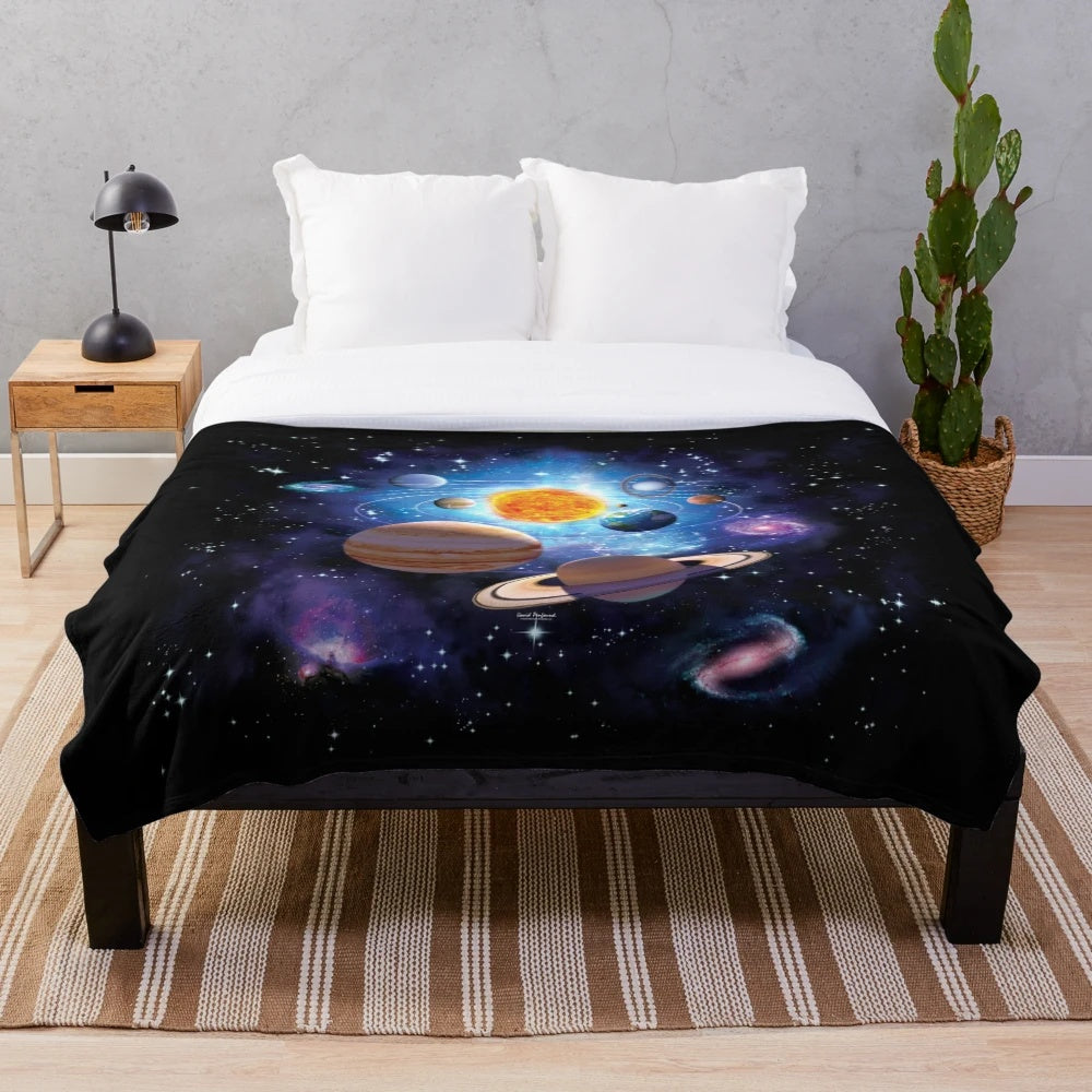 Solar system plush blanket featuring planets, stars, and galaxy design