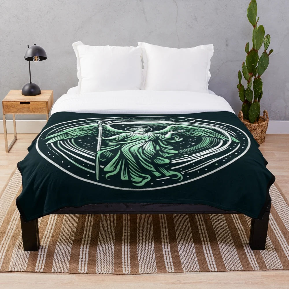 Saint Raphael Archangel Plush Blanket, featuring the angel of healing with blue light and wings