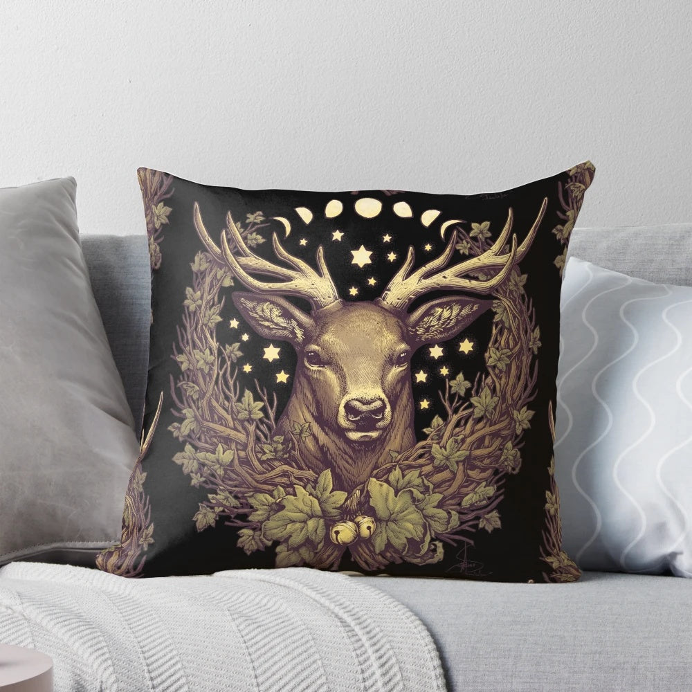Cernunnos stag-themed botanical throw pillow with nature-inspired design
