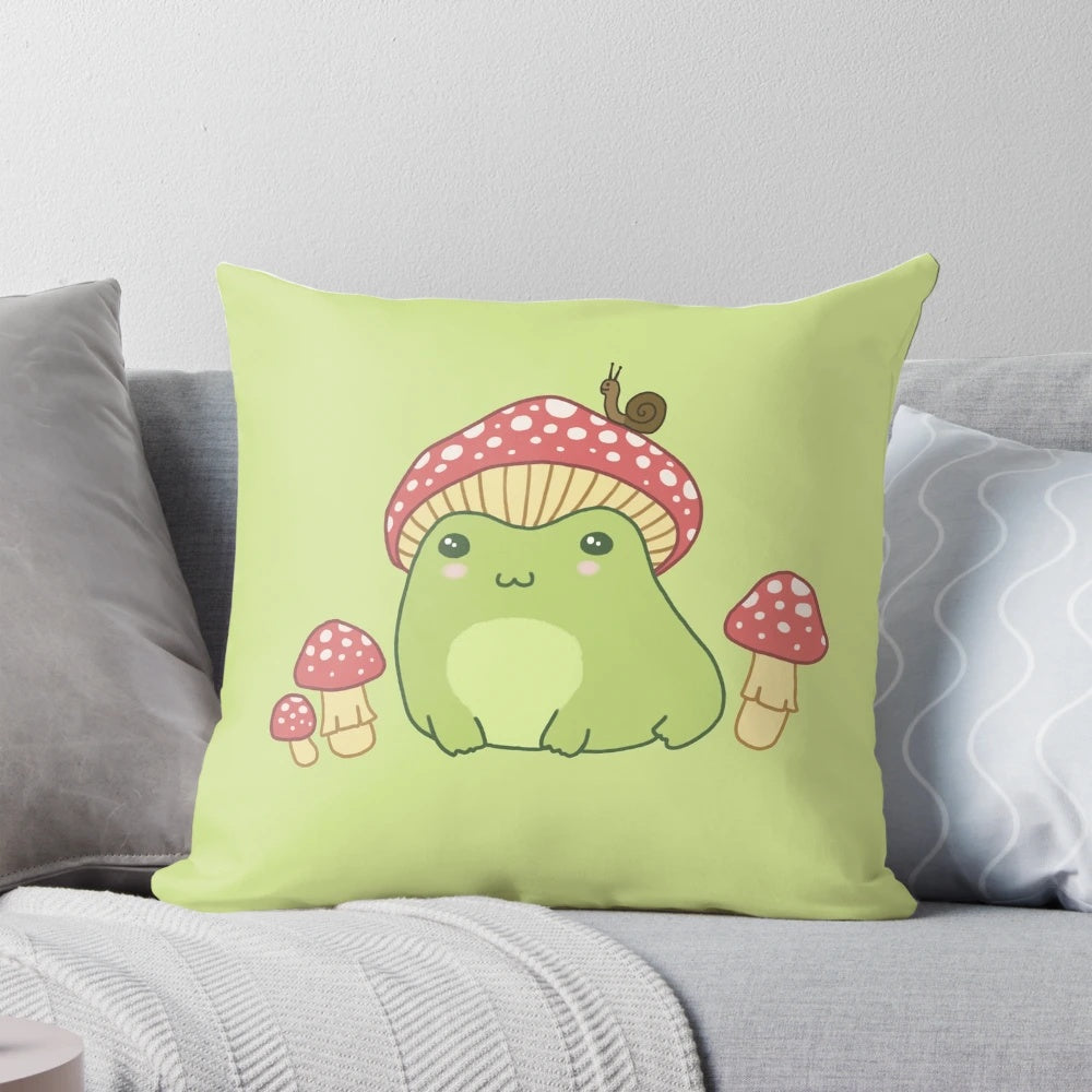 A cute and whimsical pillow featuring a kawaii frog wearing a mushroom-inspired hat, perfect for cottage core and nature lovers.