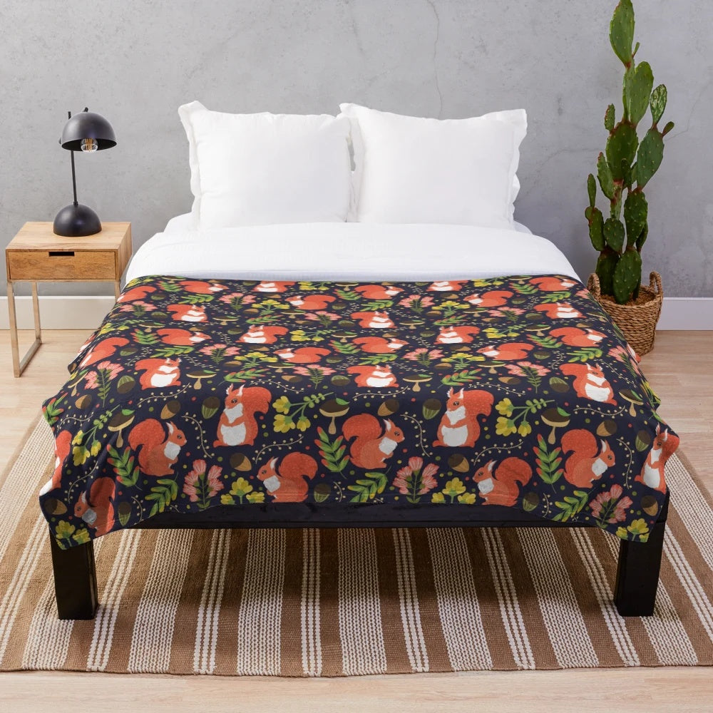 Squirrel plush blanket with cute cartoon animal and floral pattern design