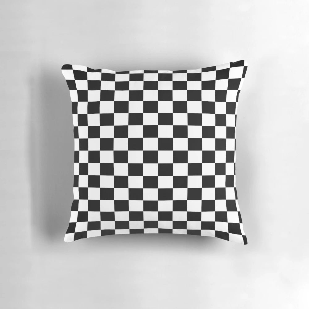 Checkered racing car flag pillow cushion cover with squares and checks design for motorsports and race vehicle home decor