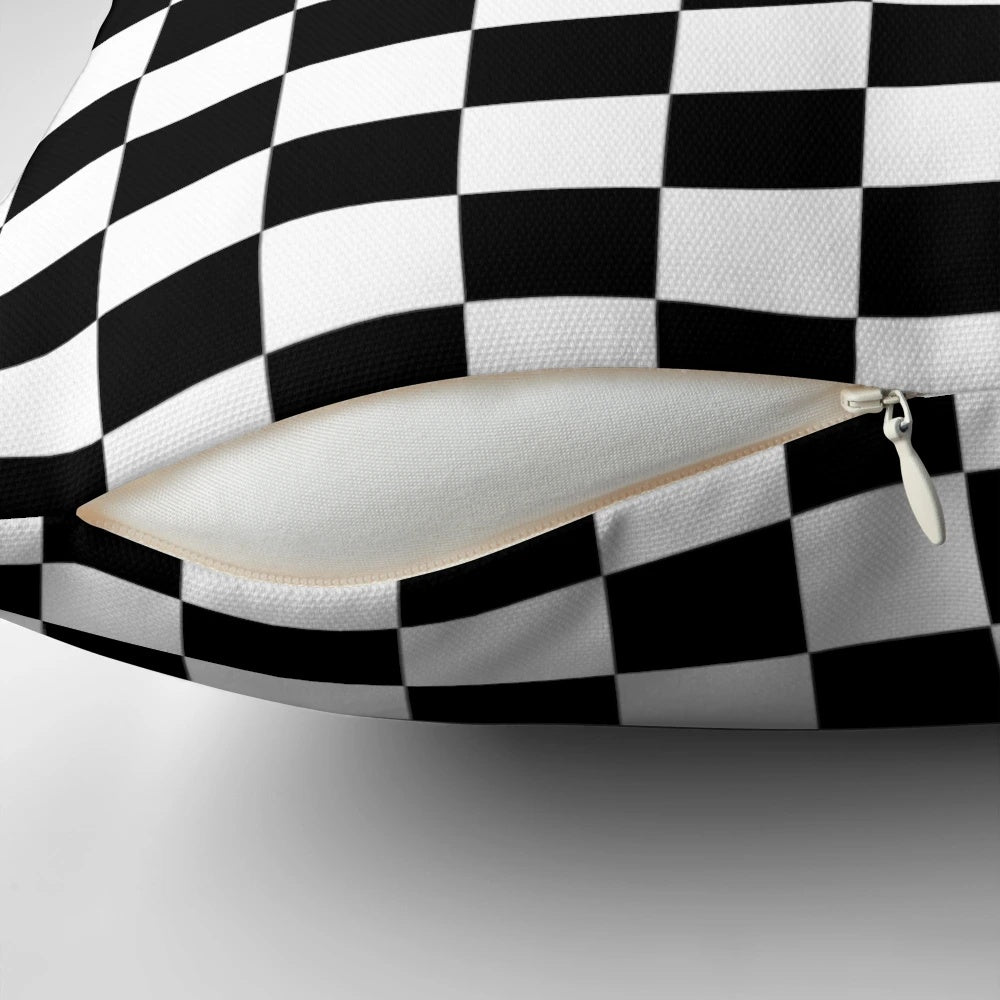 Checkered racing car flag pillow cushion cover with squares and checks design for motorsports and race vehicle home decor