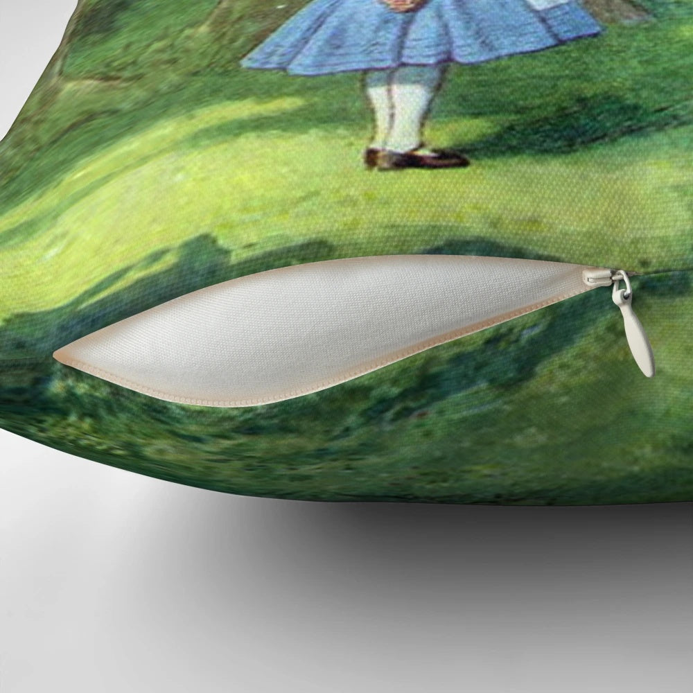 Cheshire Cat inspired vintage fantasy pillow with vibrant colors and unique design