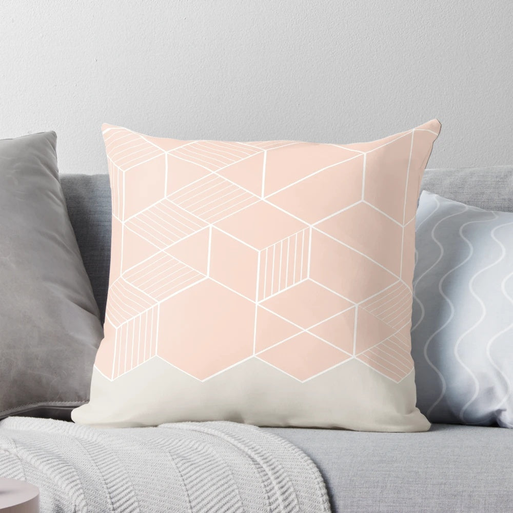 Rose-patterned hexagon-shaped decorative pillow in pale pink color