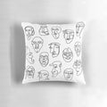 Throw pillow with a simple, hand-drawn line face design in black and white
