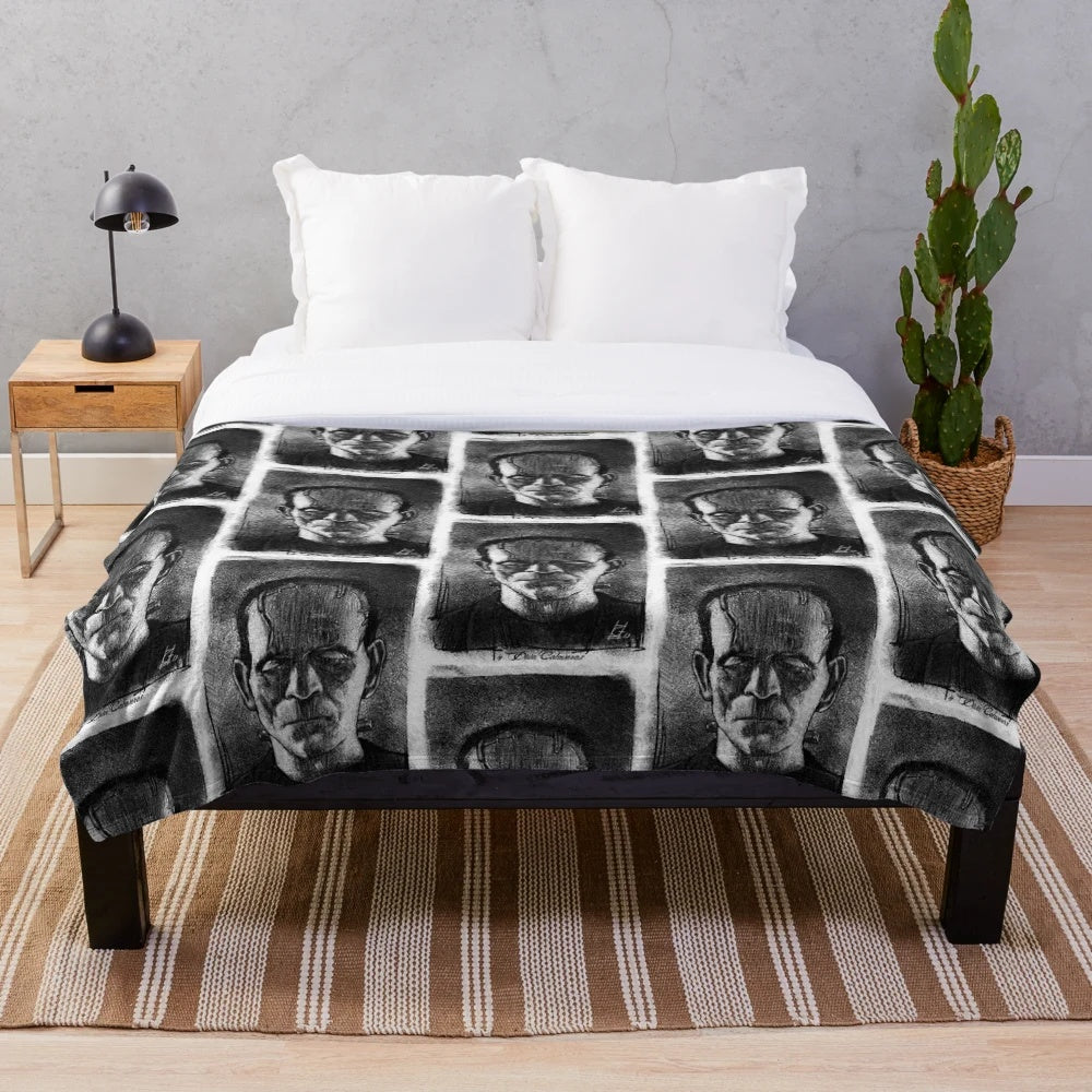 Black Frankenstein plush blanket for horror and classic monster fans