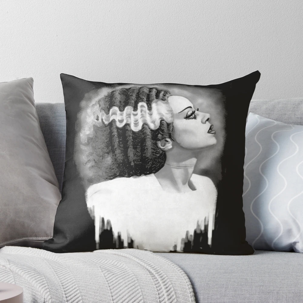 Bride of Frankenstein themed decorative pillow with gothic style