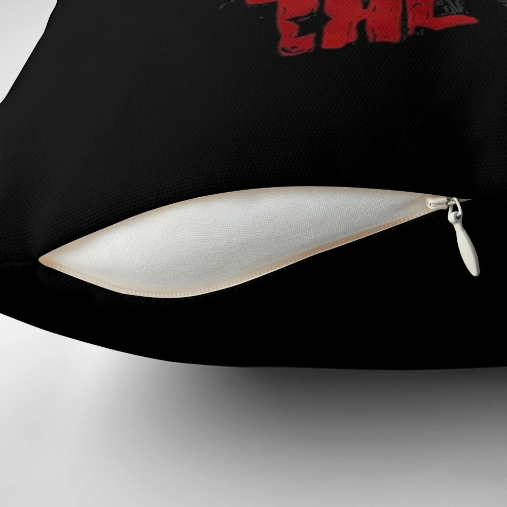 A black and white Friday the 13th t-shirt pillow featuring Jason Voorhees, the iconic horror movie villain.