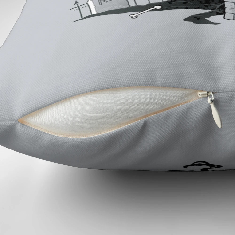 Haunting horror-themed pillow with eerie elements like a scary clown, dark humor, and macabre details