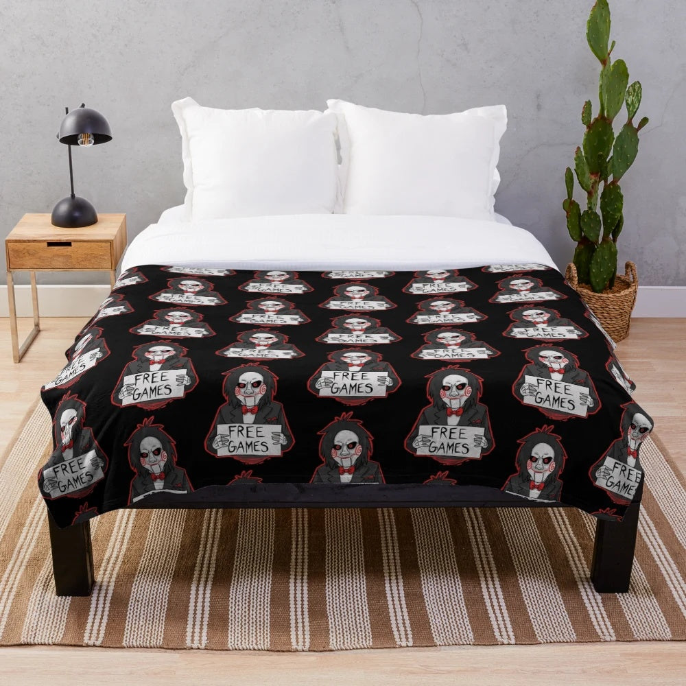 Plush horror-inspired blanket featuring the iconic Billy the Doll character