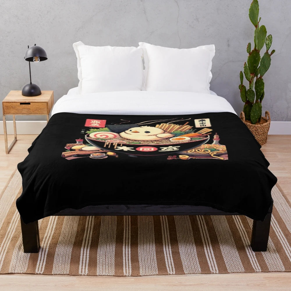 Soft, cozy plush blanket featuring a chubby chocobo ramen design