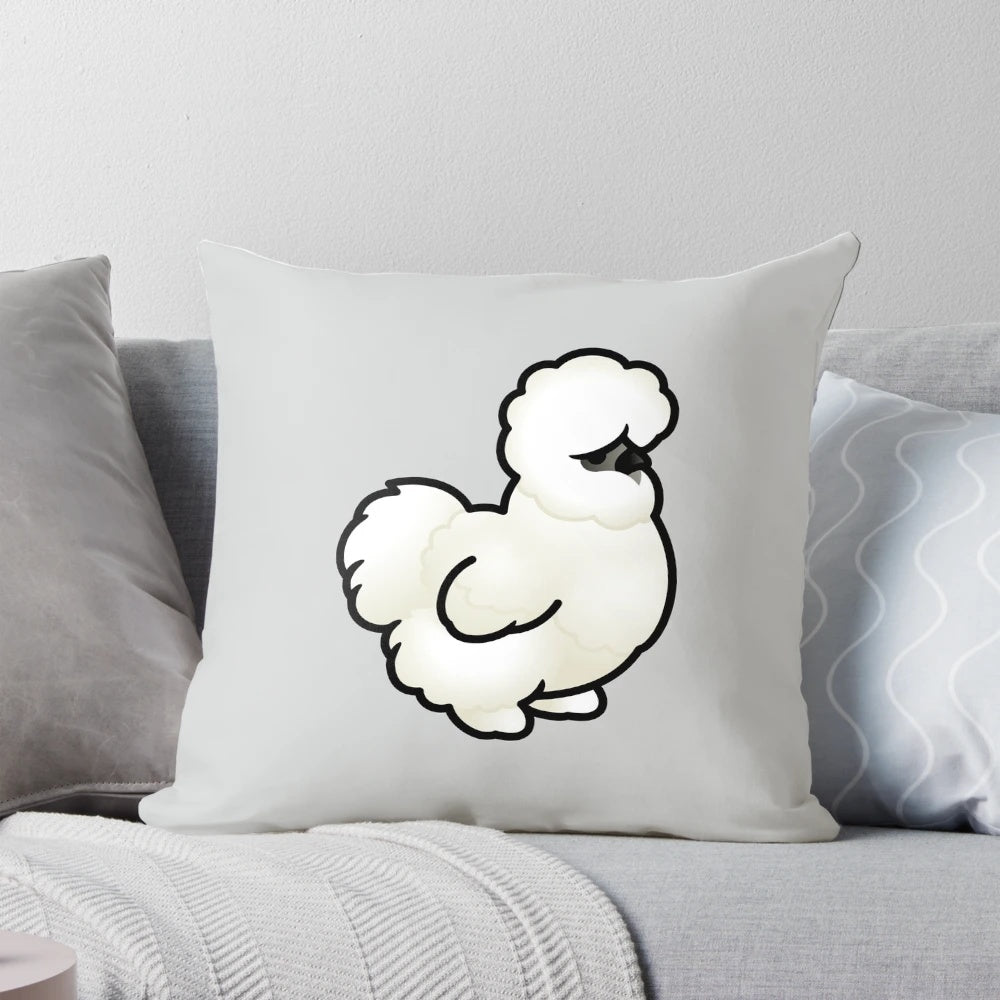 Soft, white plush pillow featuring a chubby silkie chicken design, perfect for bird lovers and home decor.