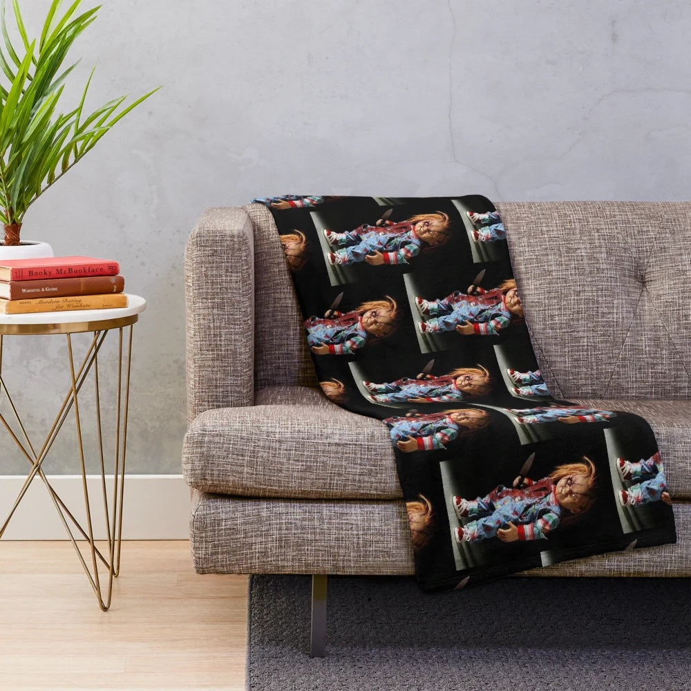 Chucky-inspired plush blanket featuring the iconic horror movie character