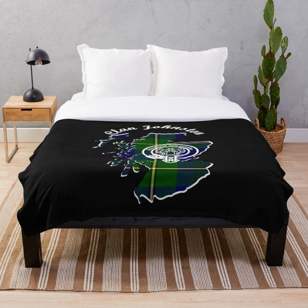 Clan Johnston inspired plush blanket with Scotland map and crest design