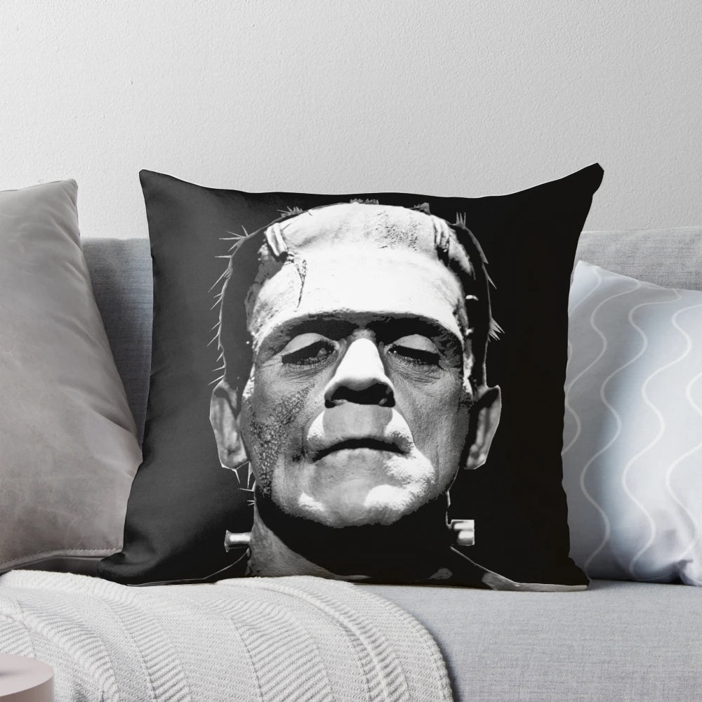 A plush pillow featuring a classic monster design inspired by vintage horror movies.
