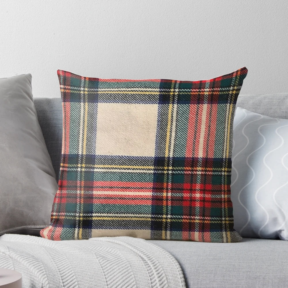 Scottish tartan pattern pillow with red, blue, and white colors