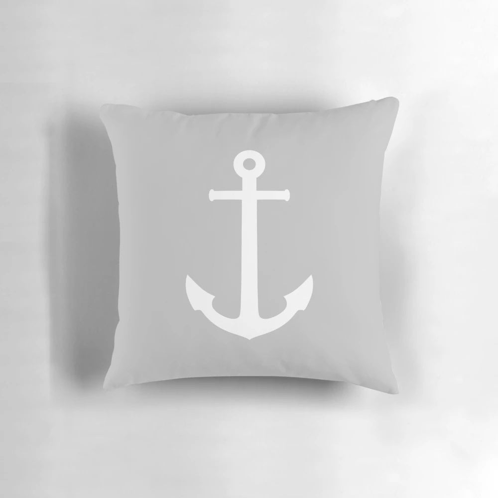 Silver gray anchor design printed on a decorative throw pillow