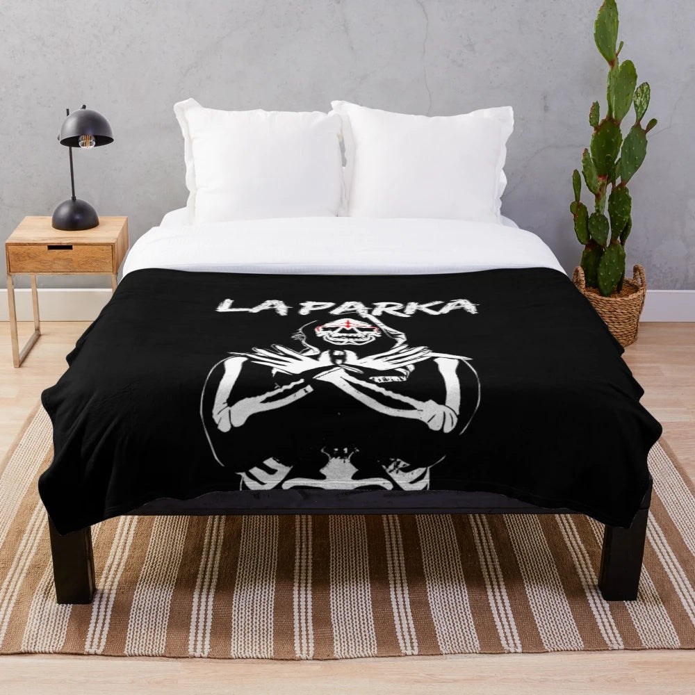 Plush blanket featuring the iconic skeleton mask and attire of La Parka, the legendary Mexican luchador.