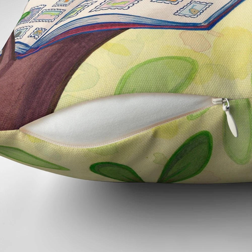 Decorative pillow featuring a whimsical watercolor design of a chameleon surrounded by colorful postage stamps for stamp collectors.