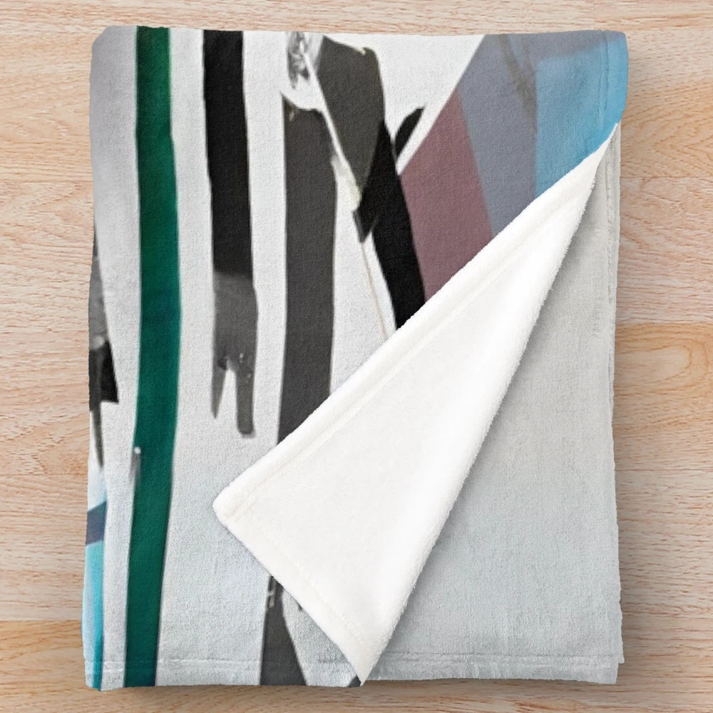 Colorful abstract minimalist painting of a classic car on a plush blanket