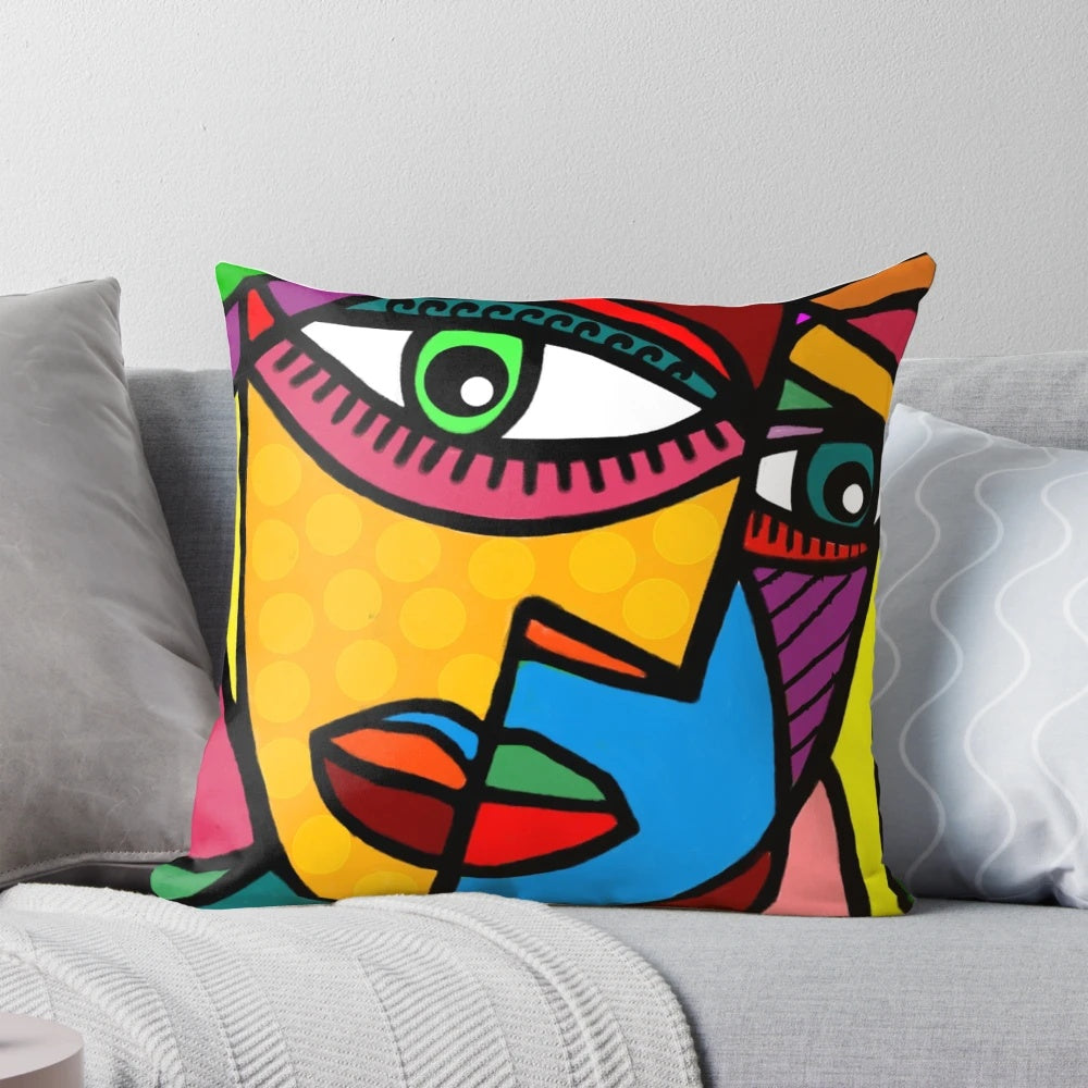Vibrant abstract face design pillow in a modern cubist style