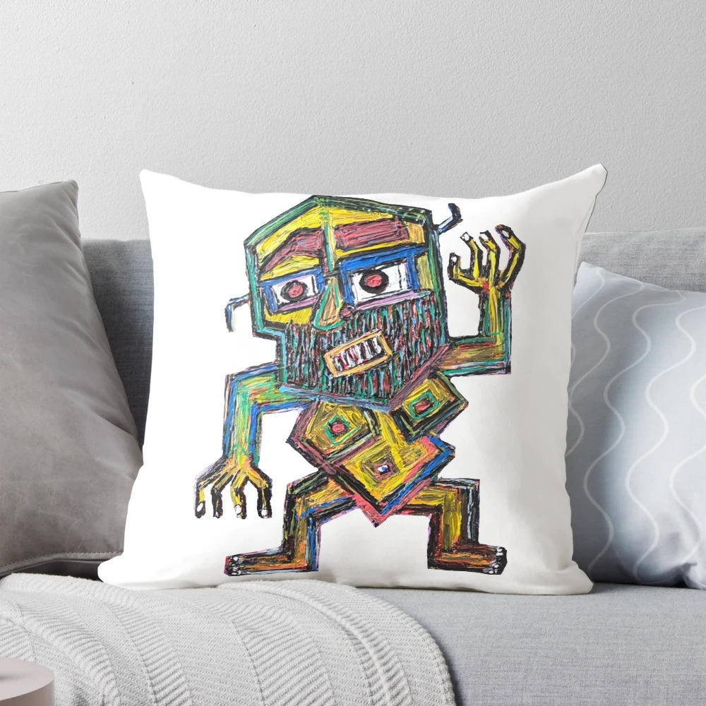 Colorful abstract portrait pillow with a funny cartoon character wearing glasses