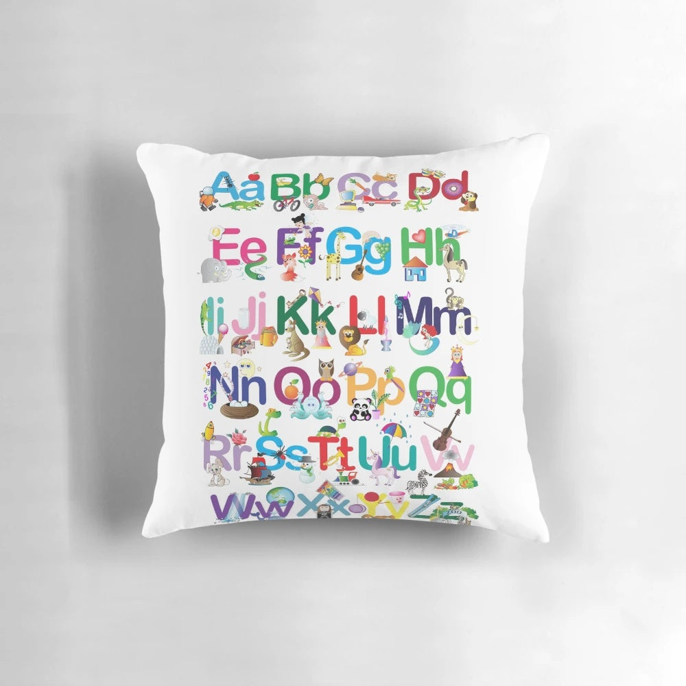 Colorful alphabet pillow with cartoon animals, perfect for kids' learning and decor