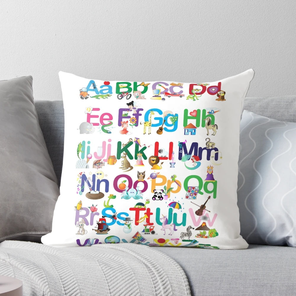 Colorful alphabet pillow with cartoon animals, perfect for kids' learning and decor