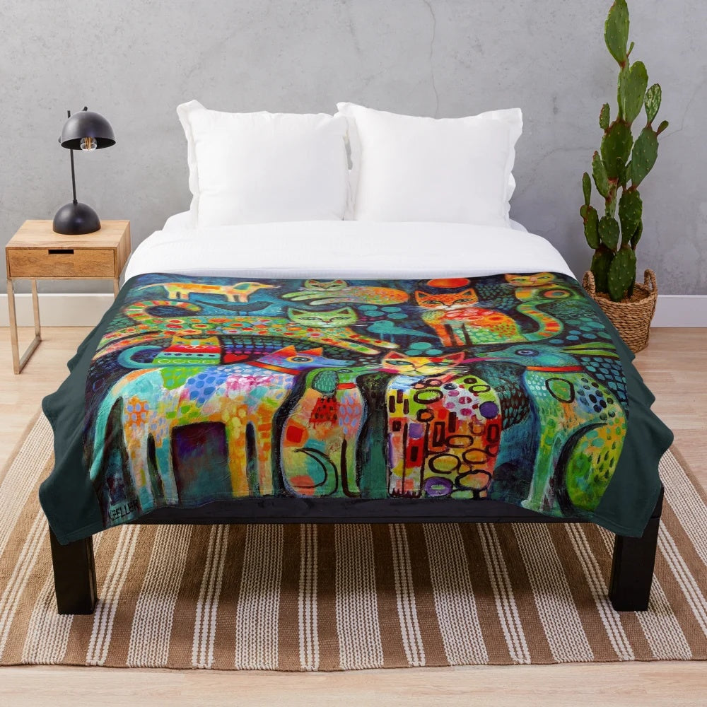 Colorful and whimsical plush blanket featuring abstract and contemporary designs by Australian artist