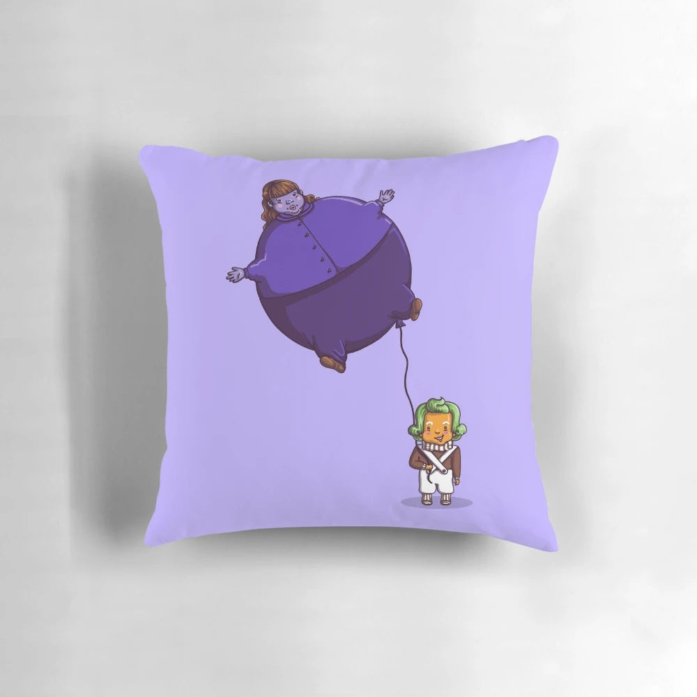 Vibrant purple bubblegum-themed pillow featuring characters from the classic Willy Wonka and the Chocolate Factory movie