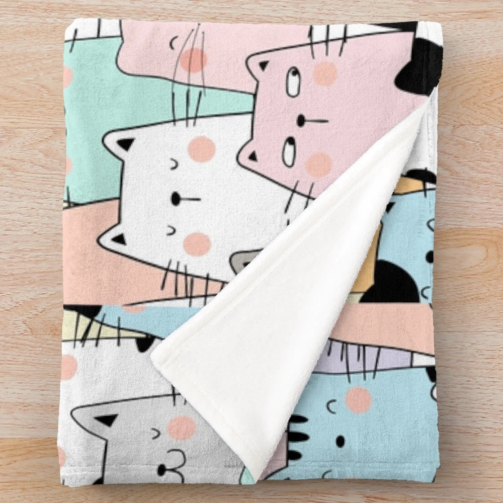 Colorful cat plush blanket with various cat illustrations