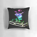 Colorful cat wearing DJ headphones and surrounded by music equipment on a decorative throw pillow
