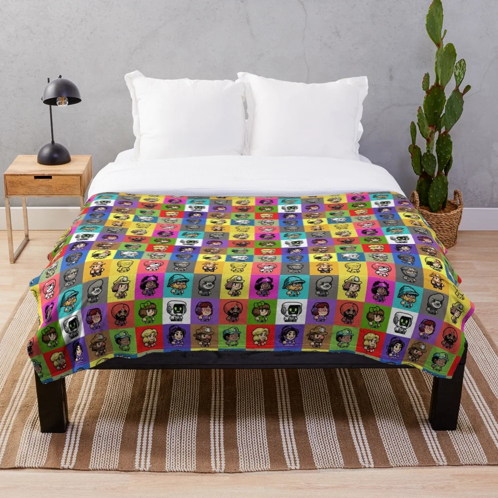 Spelunky 2 inspired plush blanket with cute chibi characters in a multicolored design