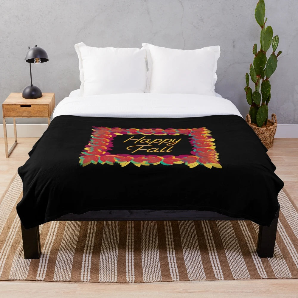Colorful hand-drawn fall leaves on a plush blanket