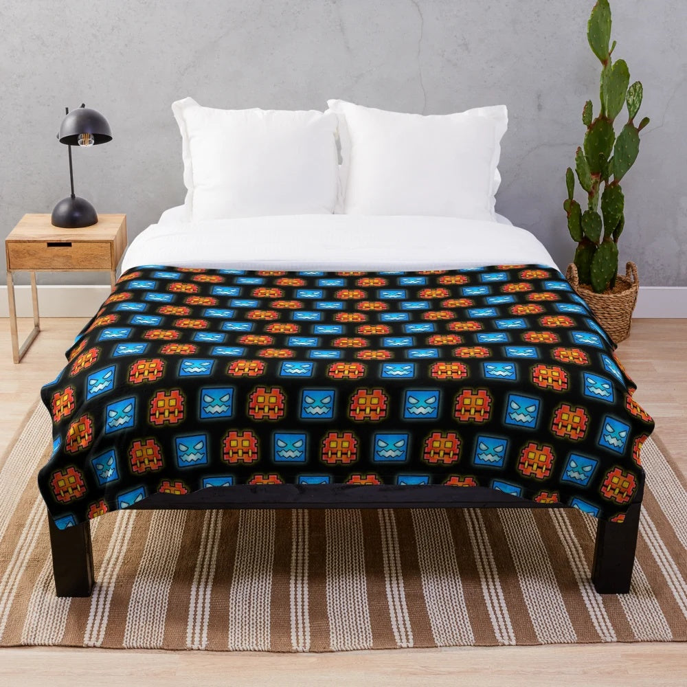 Geometry Dash inspired plush blanket with geometric patterns