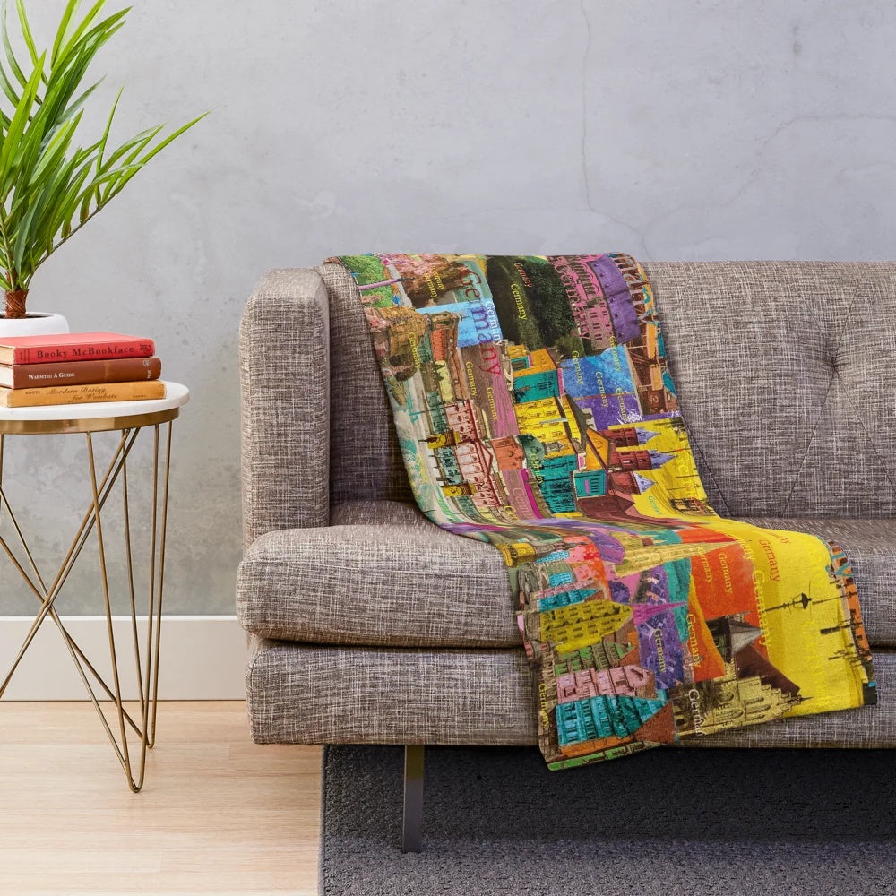 Colorful plush blanket featuring a digital collage of Germany's architecture and sights