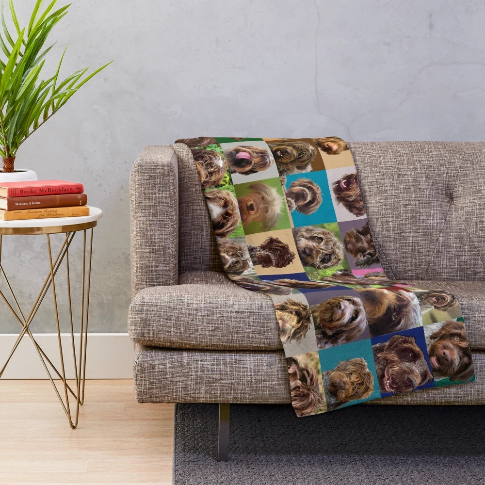 Colorful and whimsical plush blanket featuring a Griff dog portrait puzzle design
