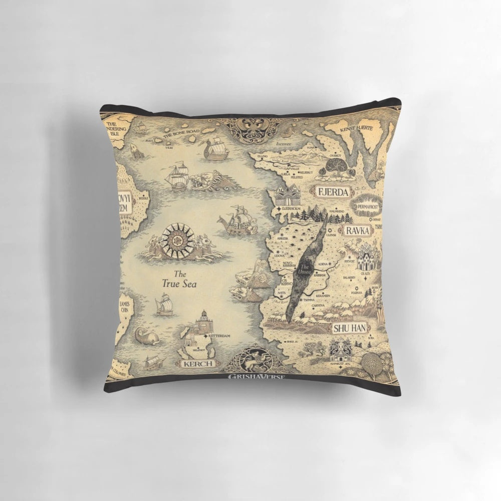 Vibrant and detailed Grishaverse map from the Shadow and Bone series printed on a comfortable throw pillow.