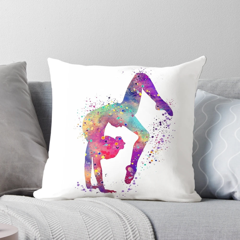Vibrant watercolor illustration of a gymnast girl tumbling on a pillow