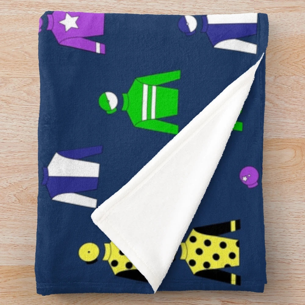 Colorful horse racing jockey silks pattern on navy blue plush blanket