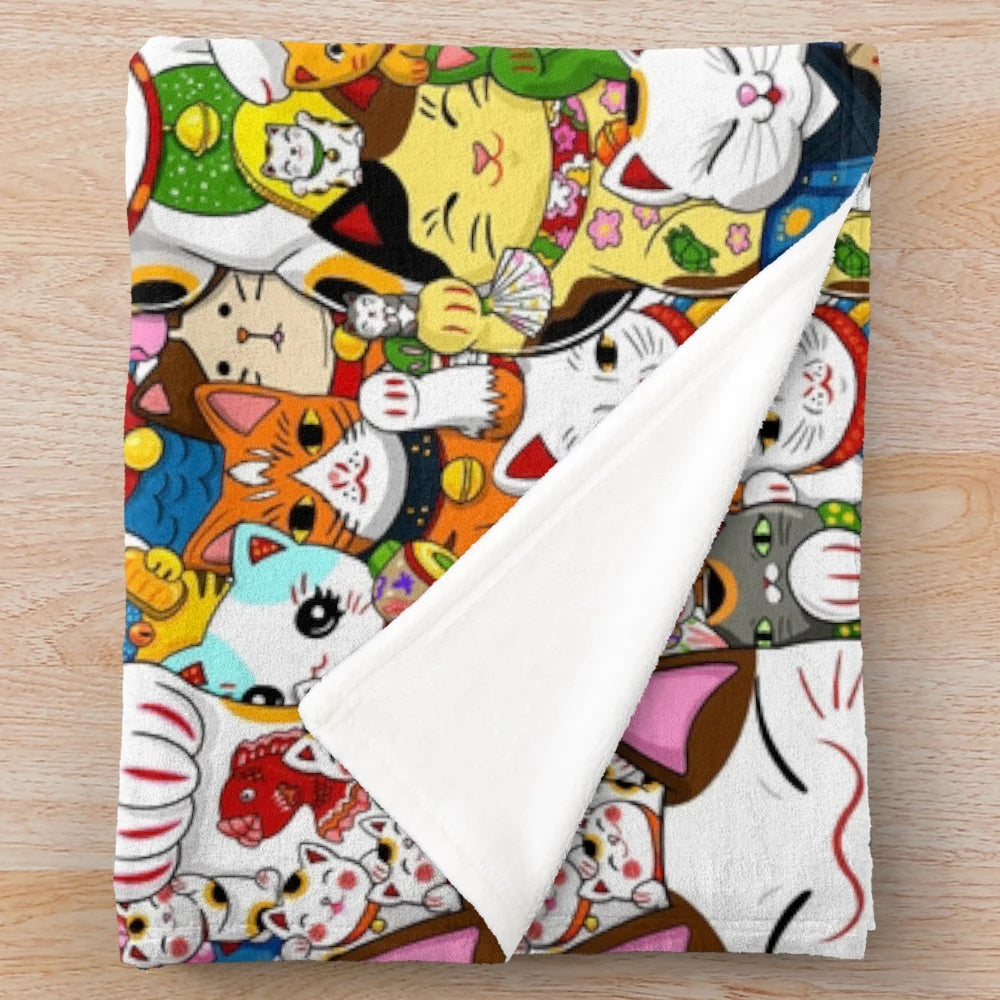 Vibrant Maneki Neko (Lucky Cat) plush blanket with rainbow colors