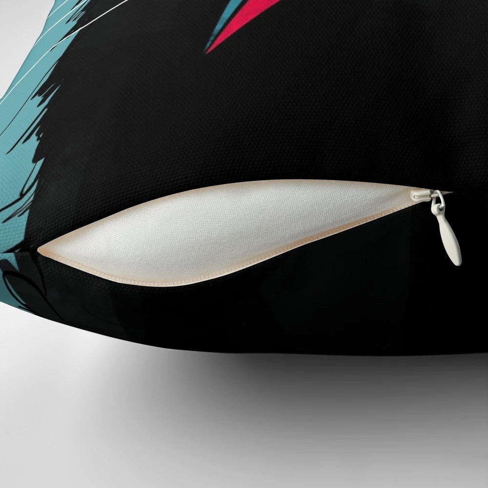 Vibrant, minimalist cat-themed graphic design on a soft, plush pillow.