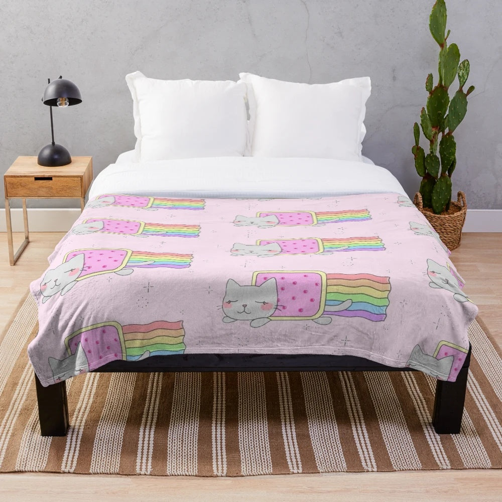 Nyan cat plush blanket with rainbow and space design