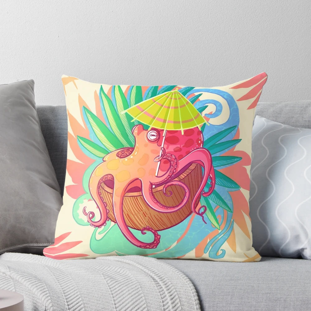 Vibrant octopus-themed throw pillow with a tropical beach design, ideal for coastal home decor.