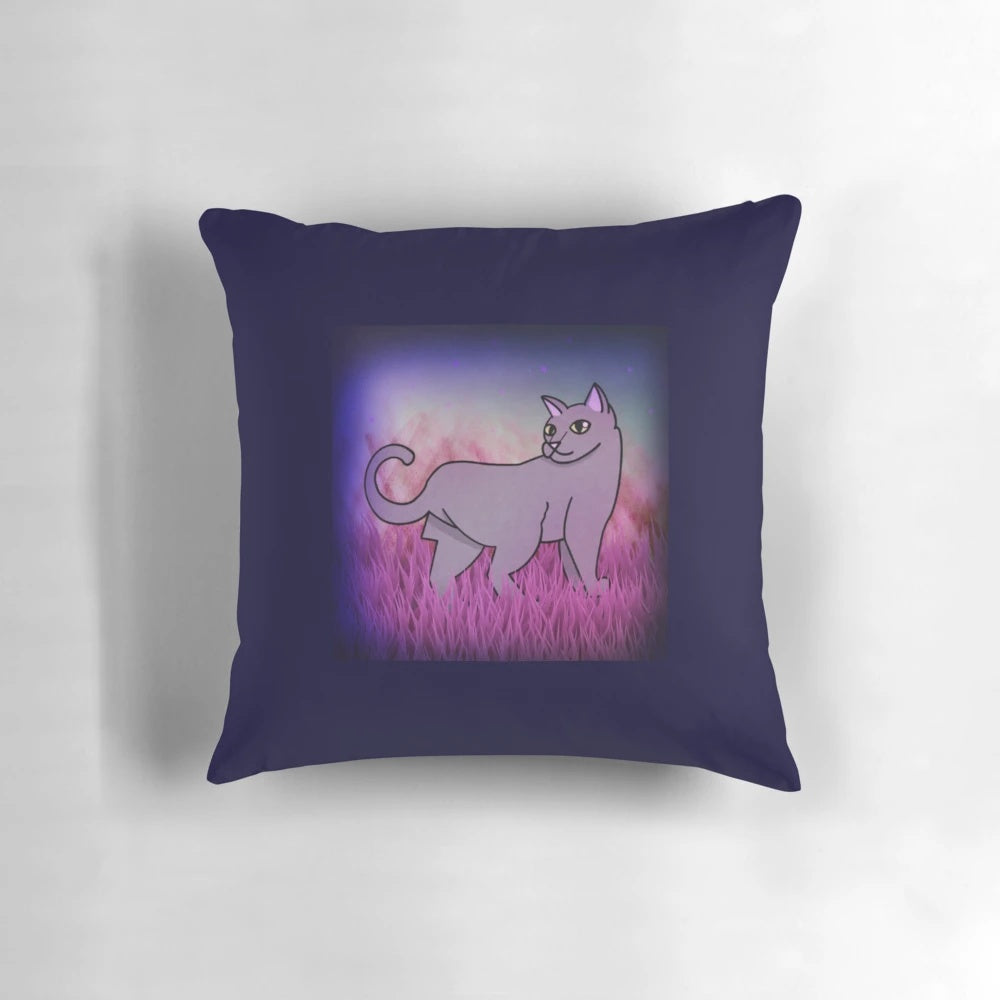 Vibrant throw pillow featuring a kitty cat in a grassy field with a pinhole filter effect
