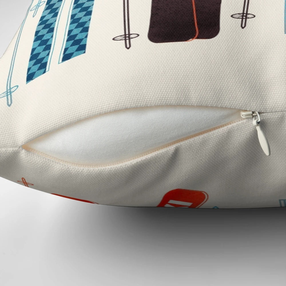 Colorful retro ski illustration printed on a plush pillow, creating a cozy and festive mountain-inspired accent.