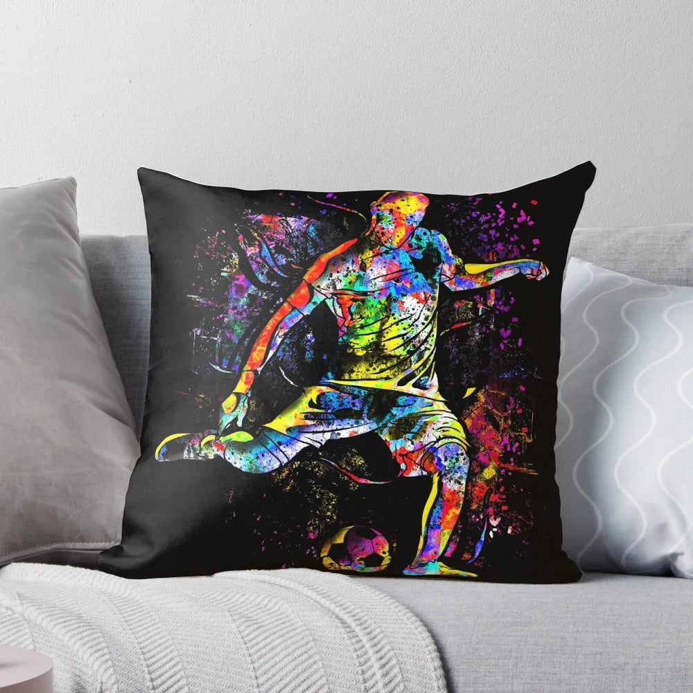 Vibrant and colorful soccer player pillow perfect for sports fans and home decor